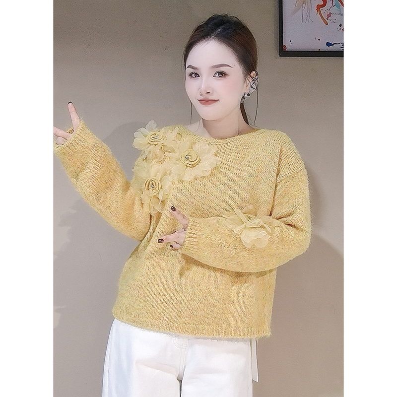LMY 胸前三朵花公主风毛衣 #6705