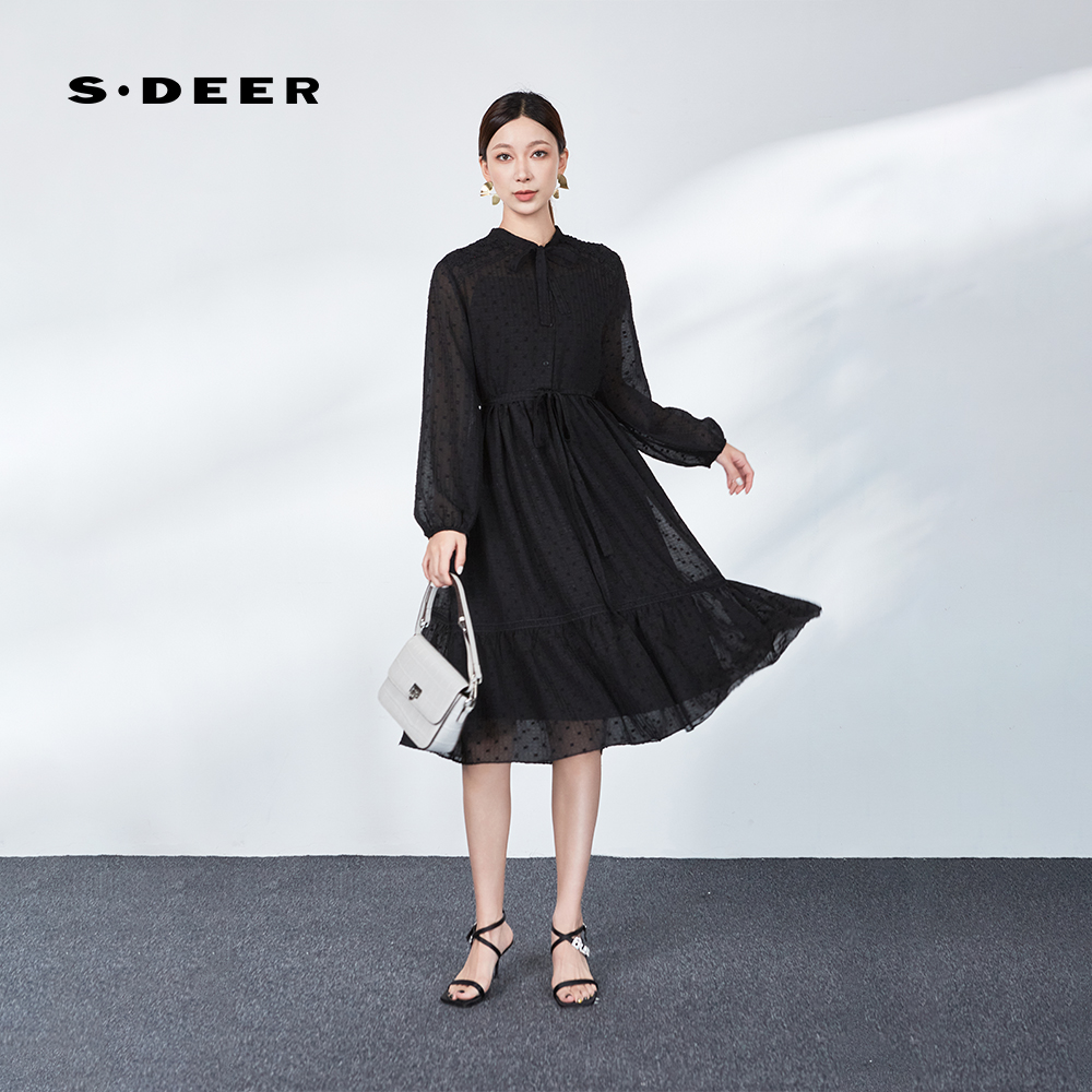 圣迪奥蕾丝气质黑色收腰设计师显瘦轻奢连衣裙S243Z1226