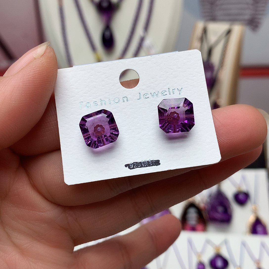 紫晶方糖耳钉18K金镶嵌