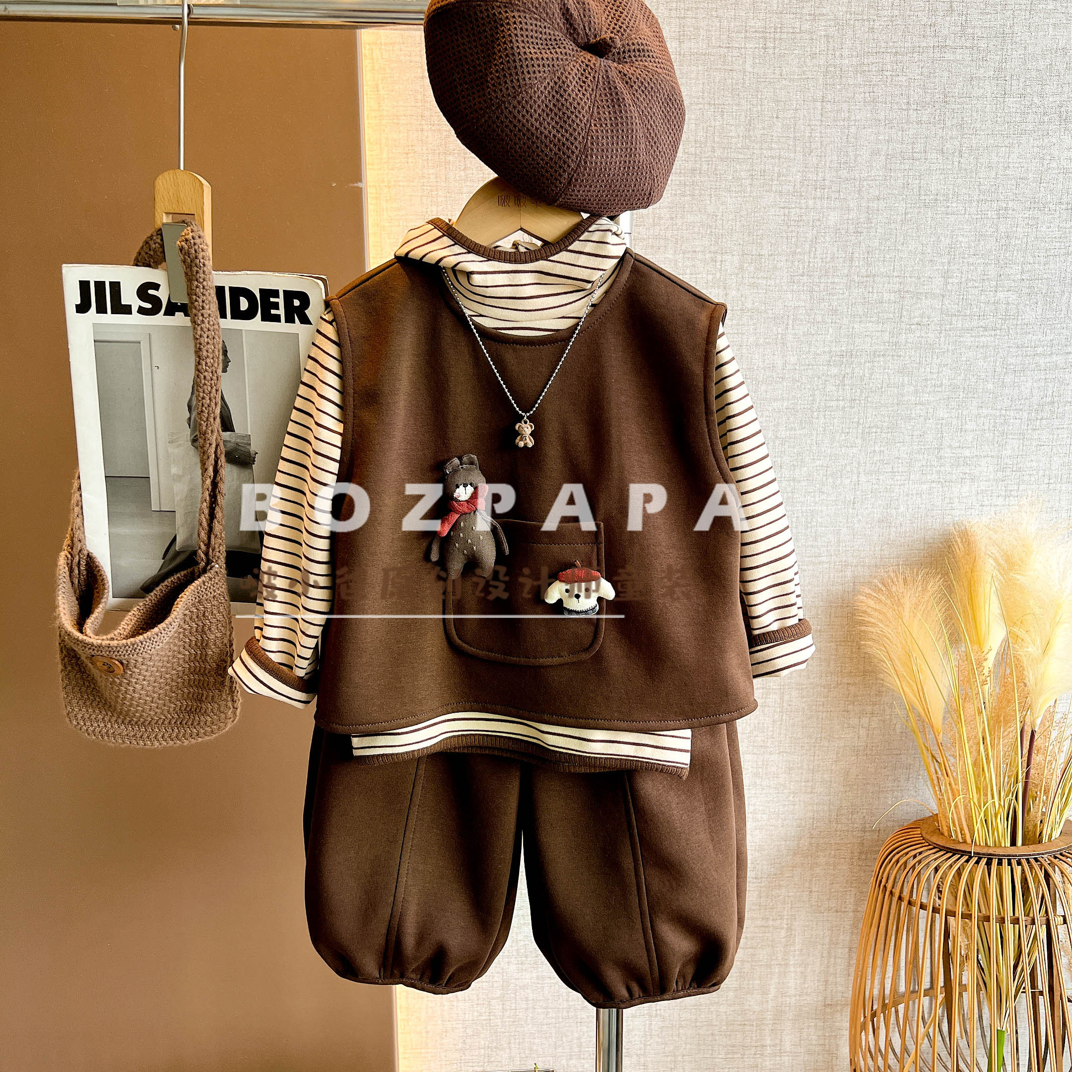 现货啵小爸【雾岛风起】2025秋季新款男童复古休闲口袋玩偶马甲套装