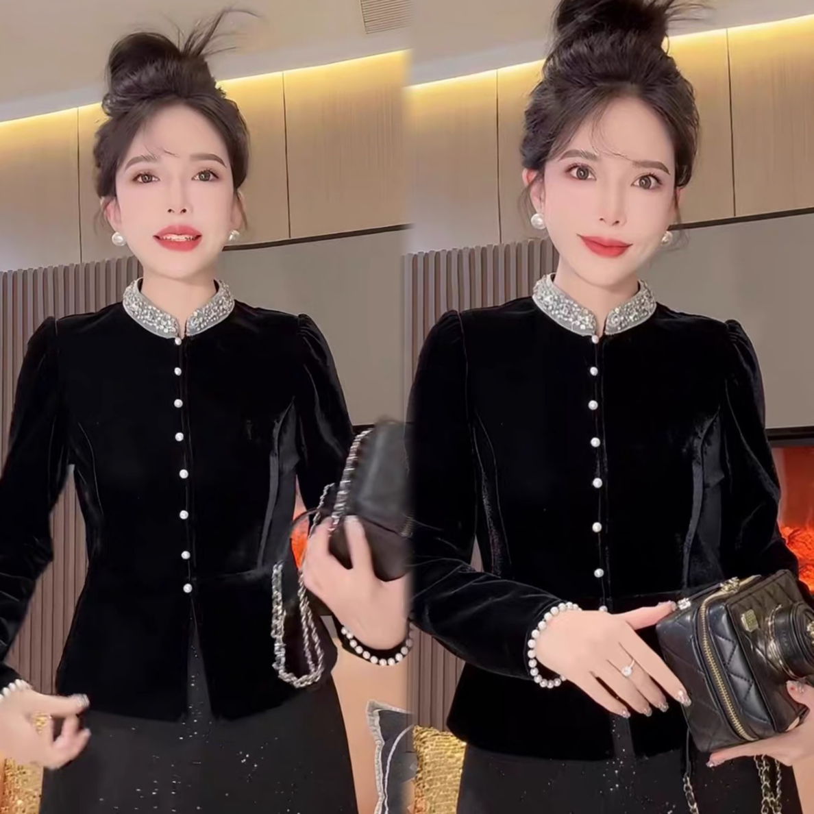 高品质钉珠丝绒泡泡袖衬衫女2025年秋季新款高端精致法式气质名媛