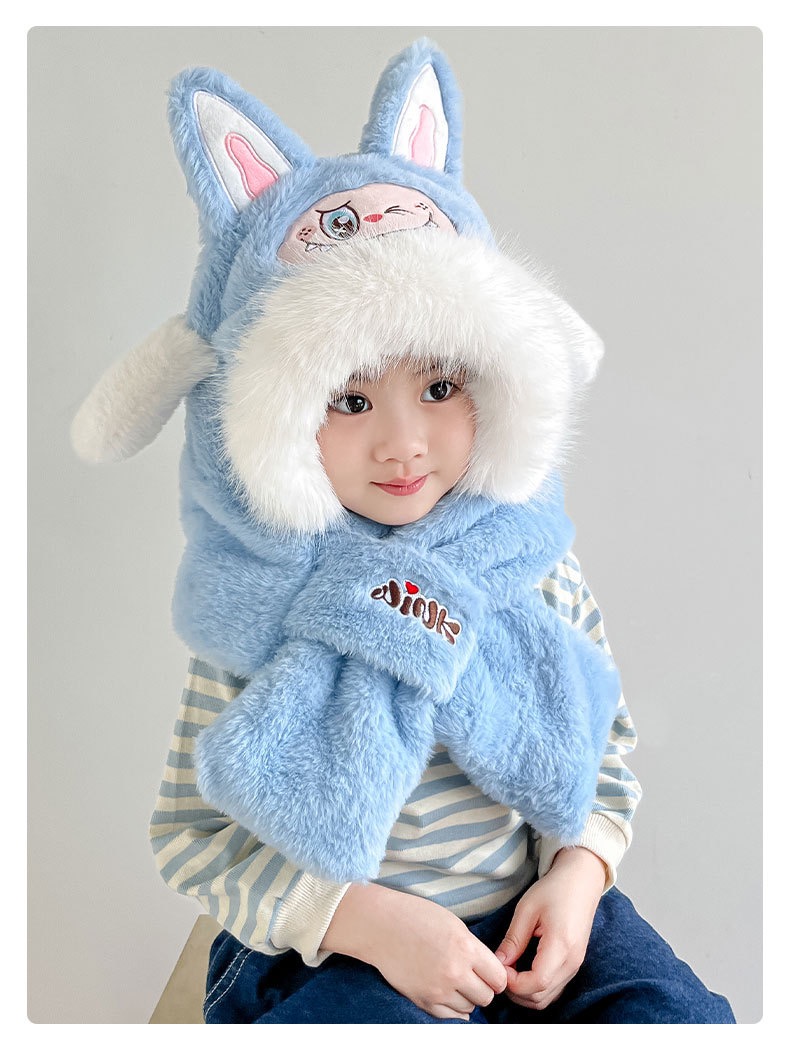 卡通儿童帽围巾二件套冬季加绒加厚女童一体帽男童保暖防风防寒帽