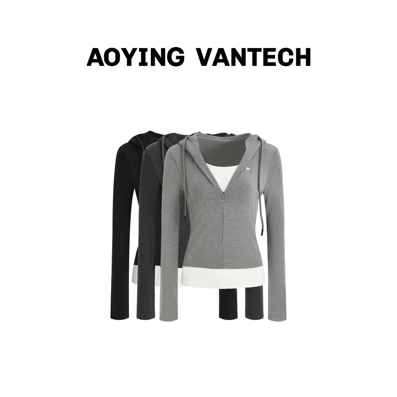 AOYING VANTECH【棉花糖】假两件软糯小蛮腰加厚修身连帽抽绳卫衣