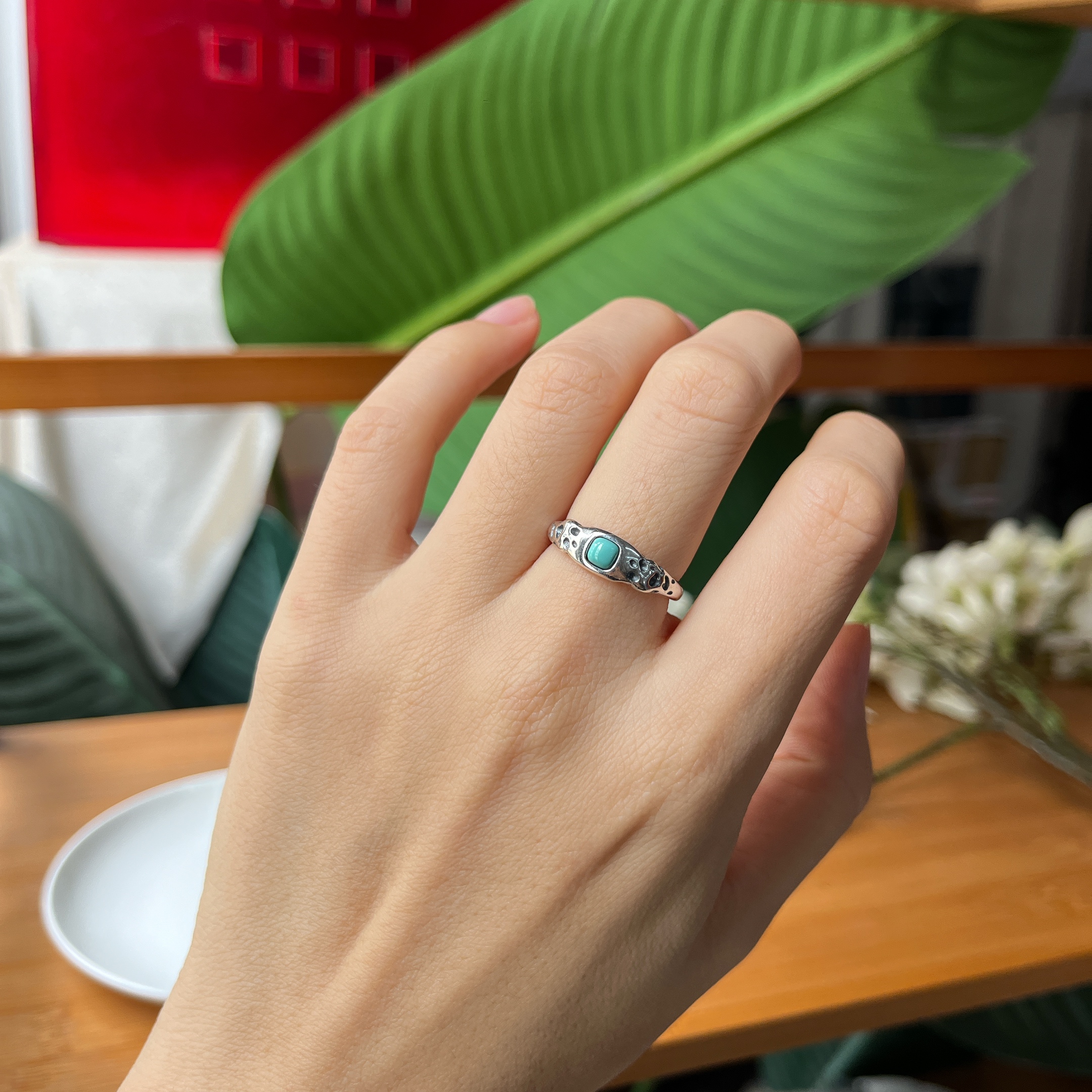 约4mm绿松石方形S925银复古戒指