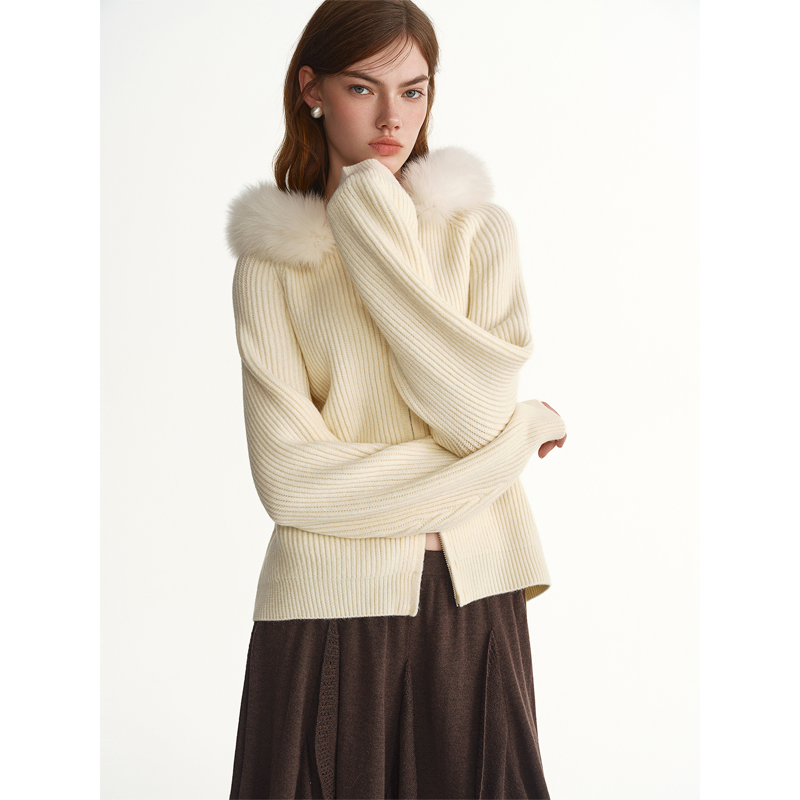 独束大码女装【芝麻奶霜】可拆卸毛领连帽针织开衫25DS84616