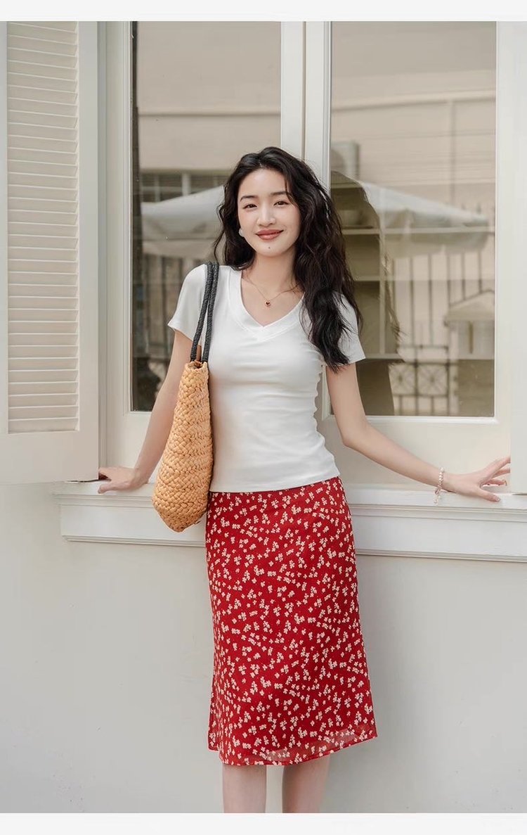 韩国进口三醋酸纯色简约百搭V领短袖T恤