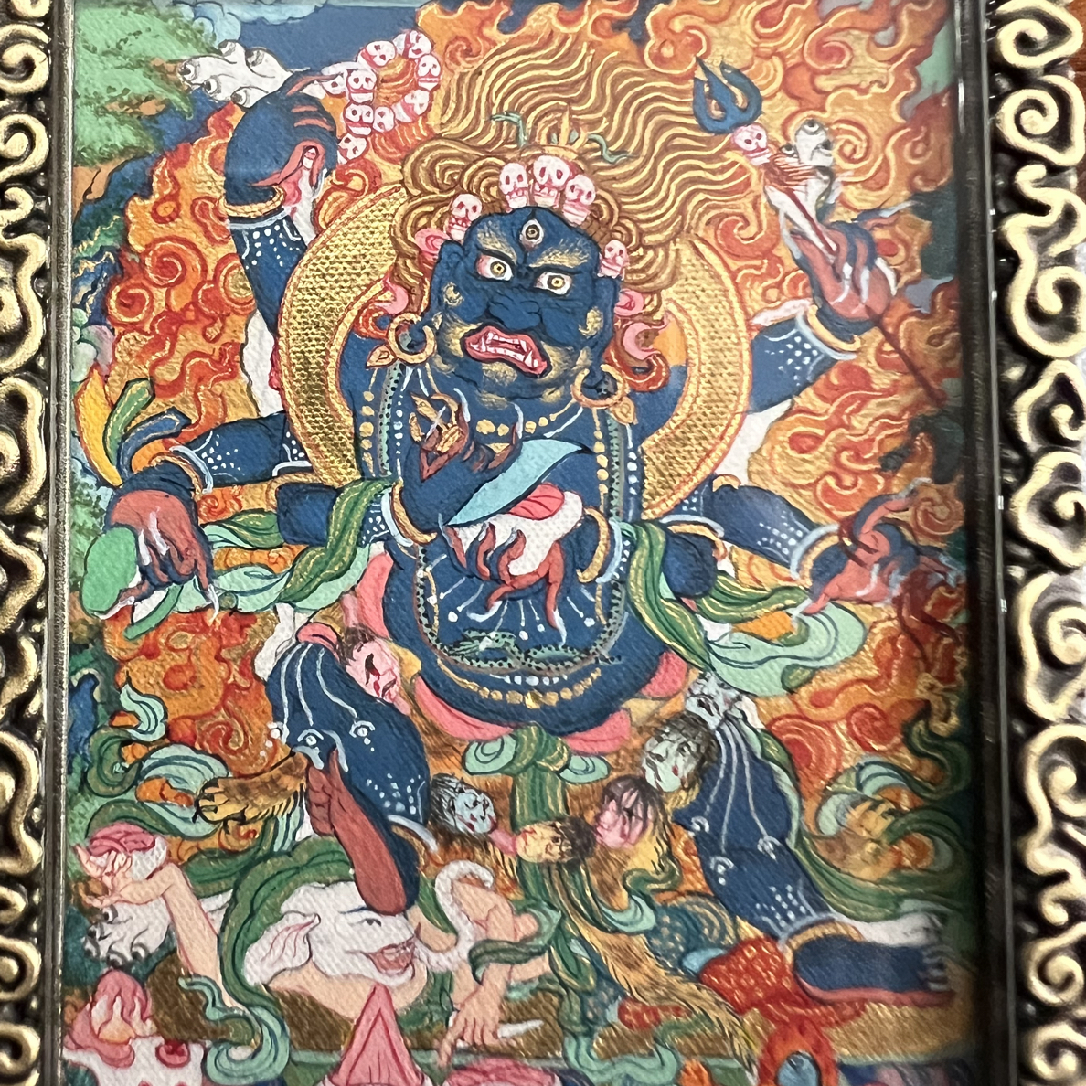 勉撒唐卡六臂大黑天，纯手绘