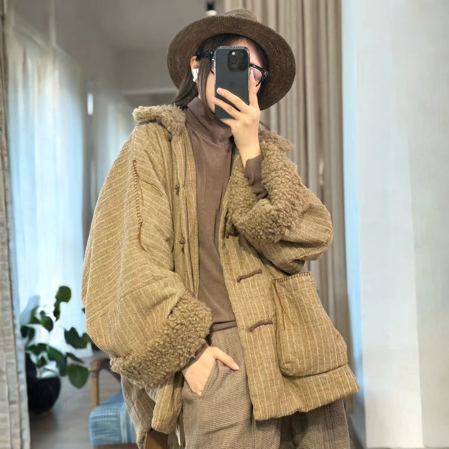 忆古衣牧了然高定气质色织柞丝亚麻盘扣立领大棉衣240940