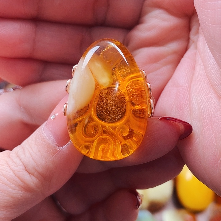 琥珀戒指银S925镶嵌戒指