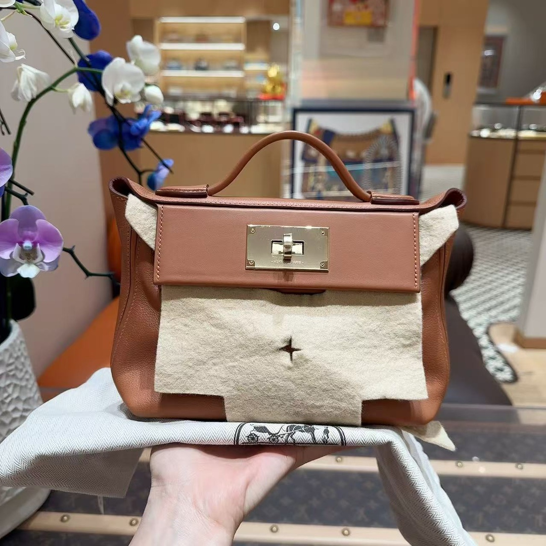 全新未使用 Hermes/爱马仕 2424mini金棕/evercolor拼swift皮 U刻