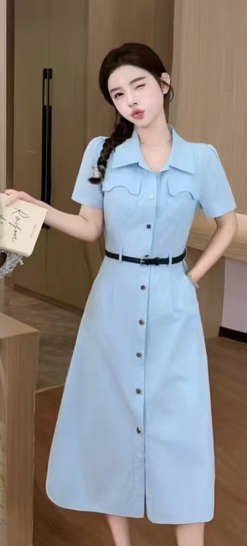 粉色工装收腰显瘦中长款衬衫裙春夏时尚气质连衣裙