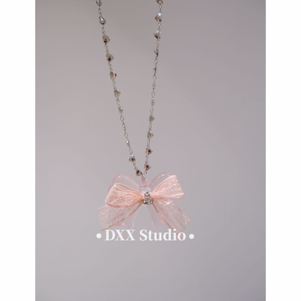 铜合金仿水晶项链 小众设计蝴蝶结轻奢风粉色系项链45180