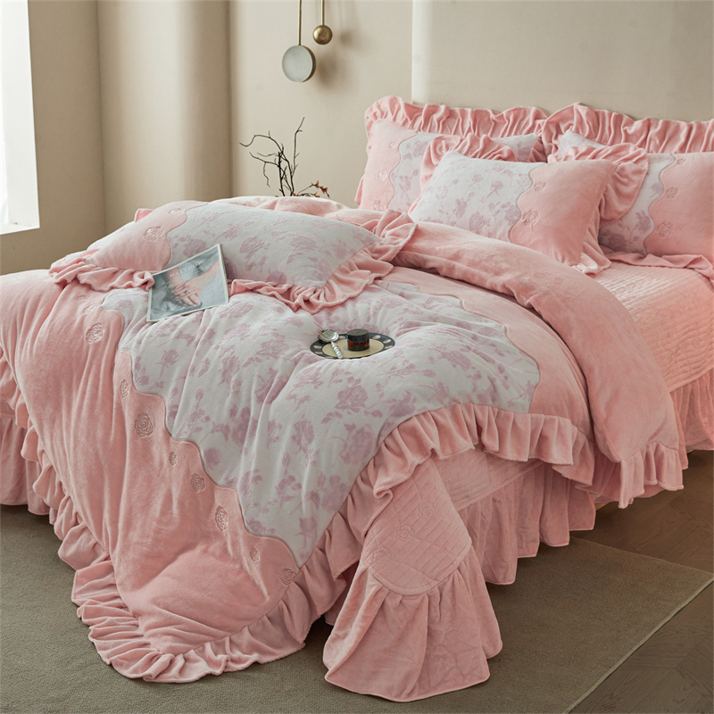 【真珍】温情玫瑰 冬季保暖牛奶绒韩版公主风刺绣加厚床盖四件套