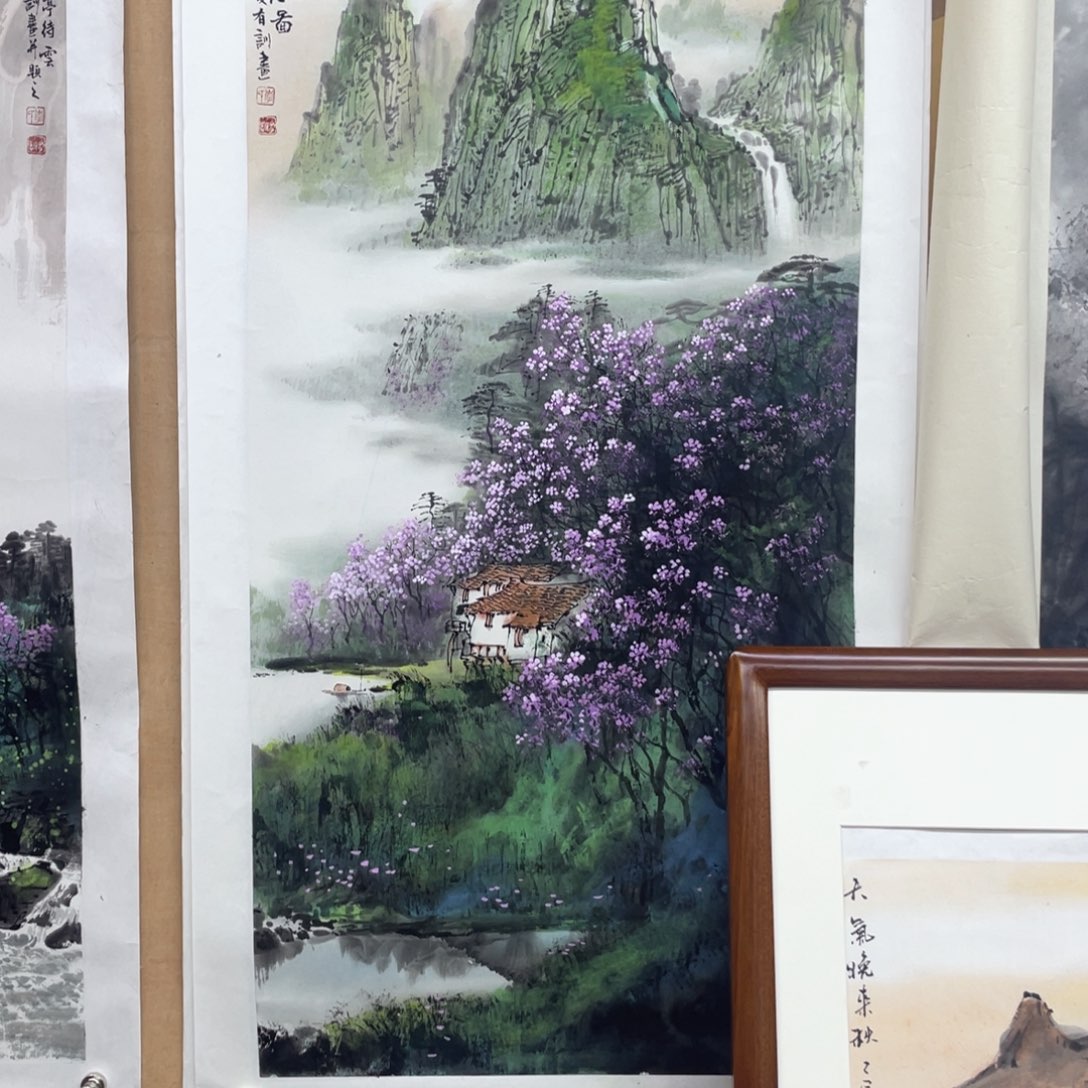 睡***着国画手绘国画，精品山水，带框包邮