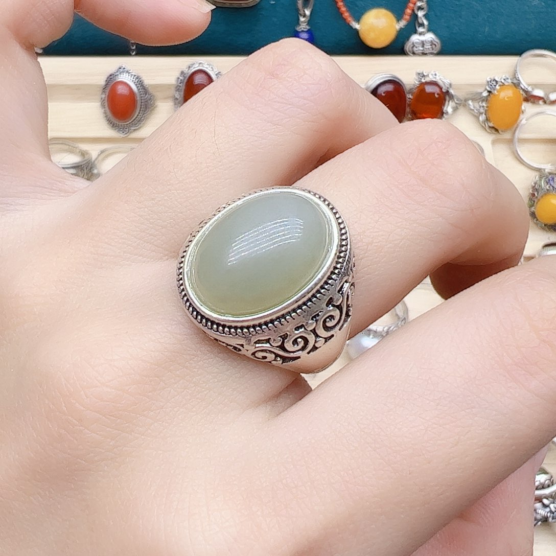 和田玉戒指银S925镶嵌