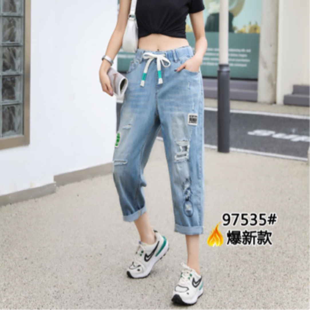 97535#夏季高腰破洞牛仔七分裤女小个子显瘦透气哈伦裤