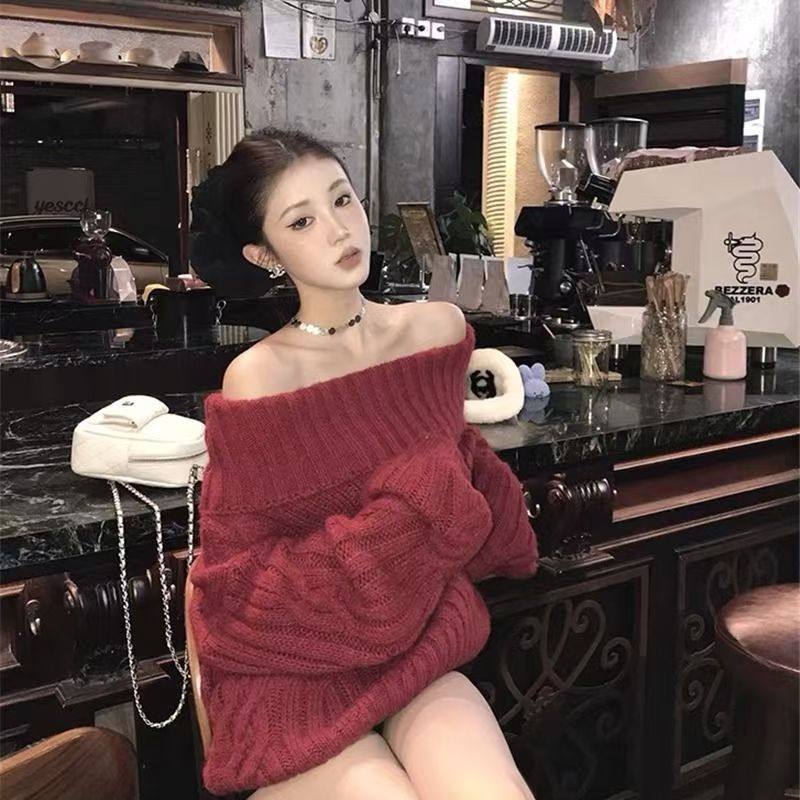 一字肩毛衣女套头秋冬新款慵懒风气质小个子宽松显瘦百搭长袖上衣