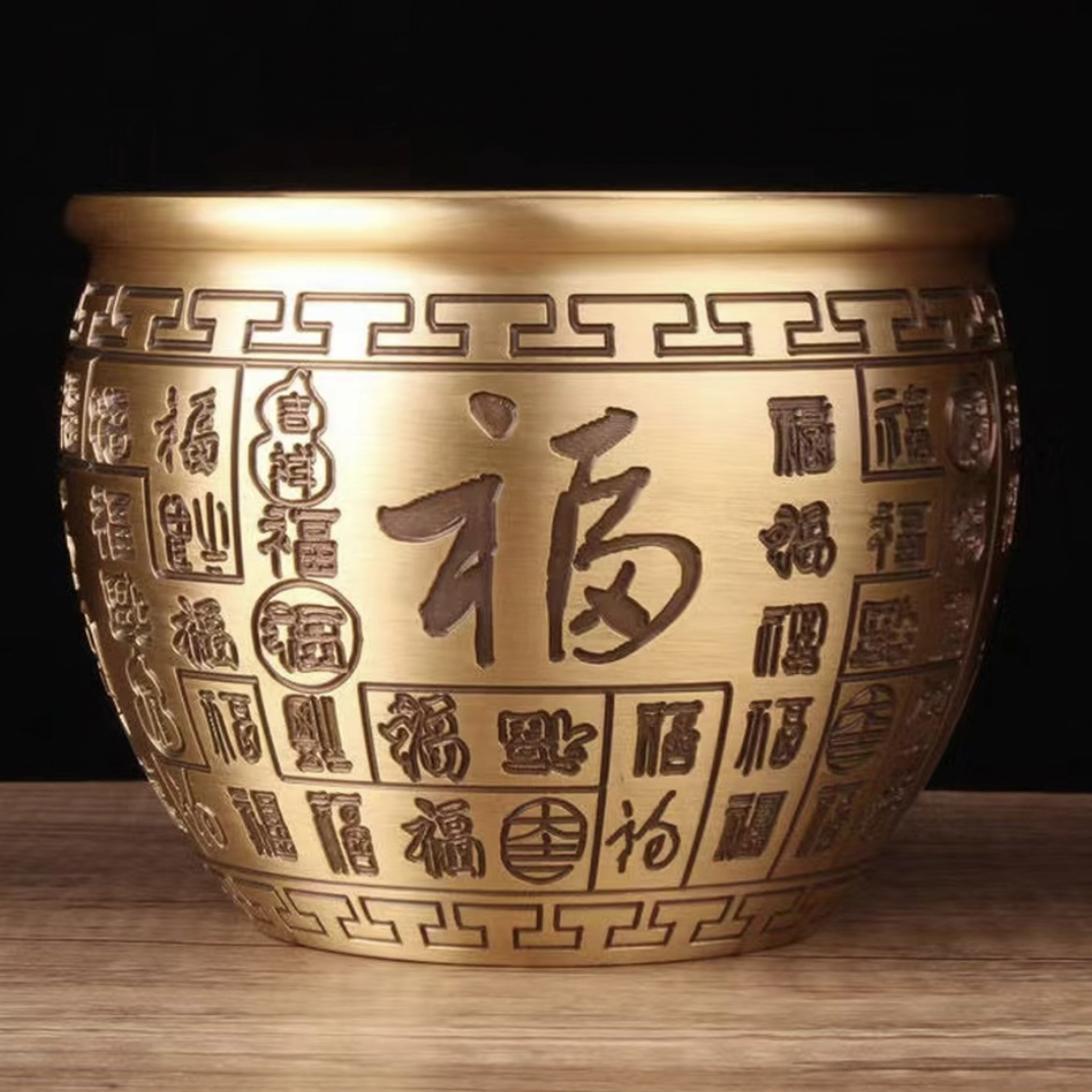 全黄铜百福进宝缸纯铜工艺品办公室家居摆件聚米宝盆黄铜米缸摆件