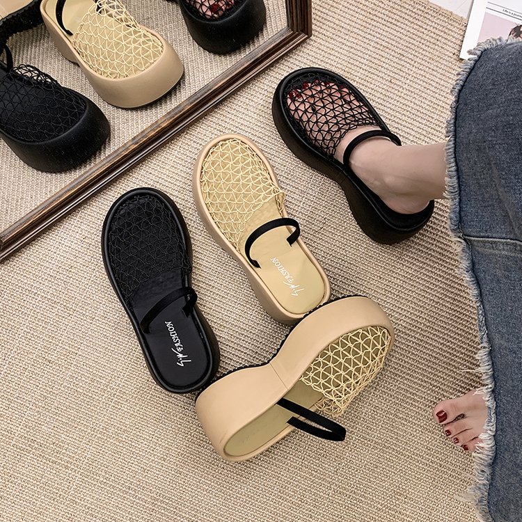厚底增高外穿包头半拖鞋女2025夏季新款网红时尚百搭镂空网面透气