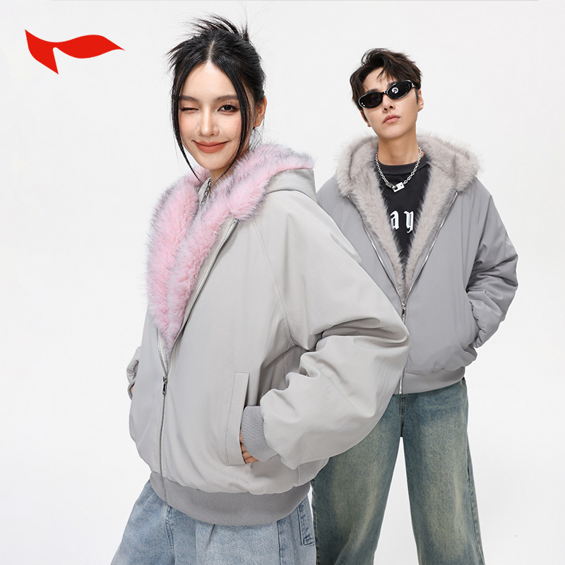 FLYMAN/李宇座山雕大毛领棉服加绒加厚棉衣男女美式情侣保暖外套