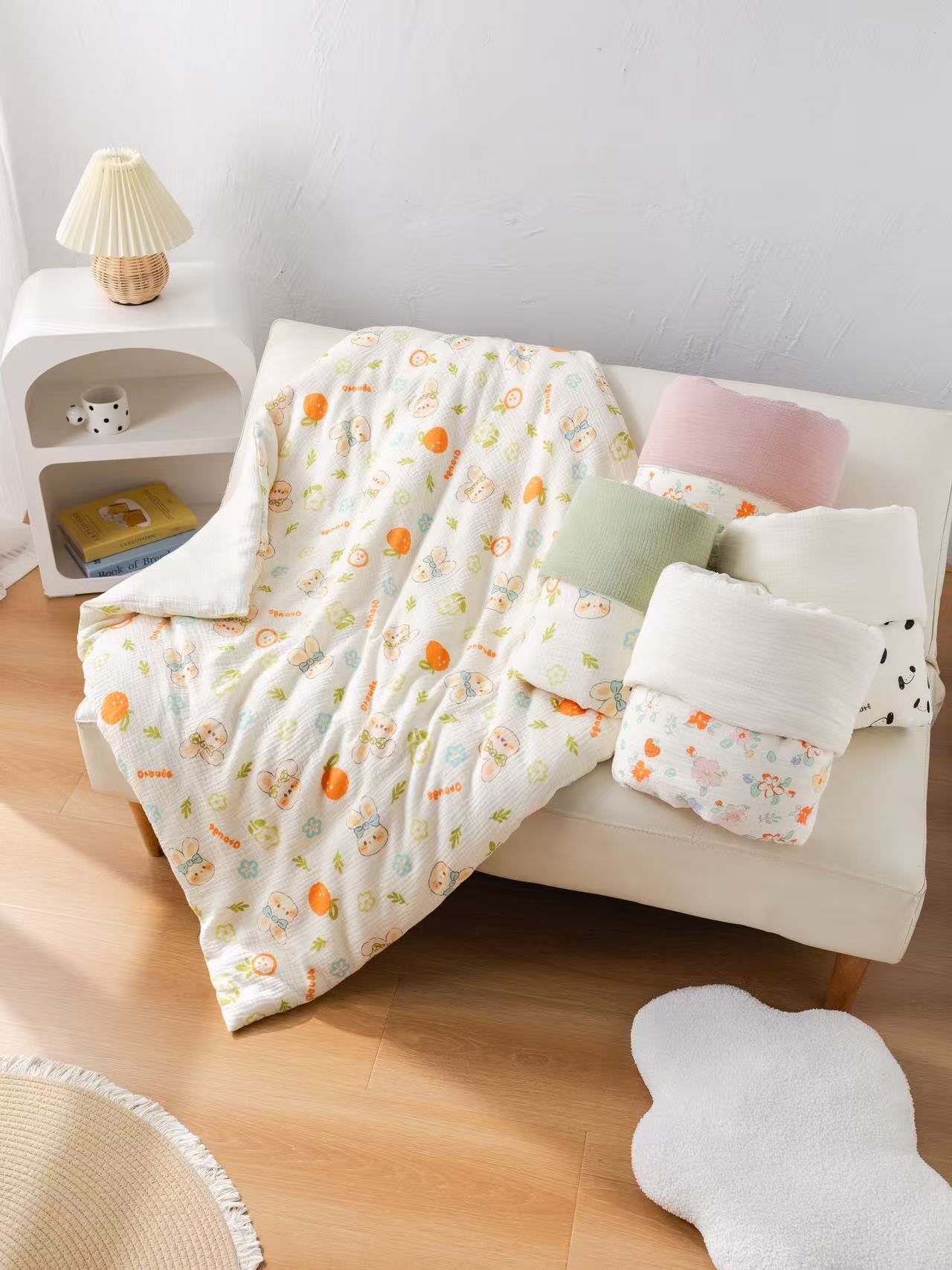 新生儿双层纱绉布柔软透气薄款棉花被加厚幼儿园午休被子可拆洗