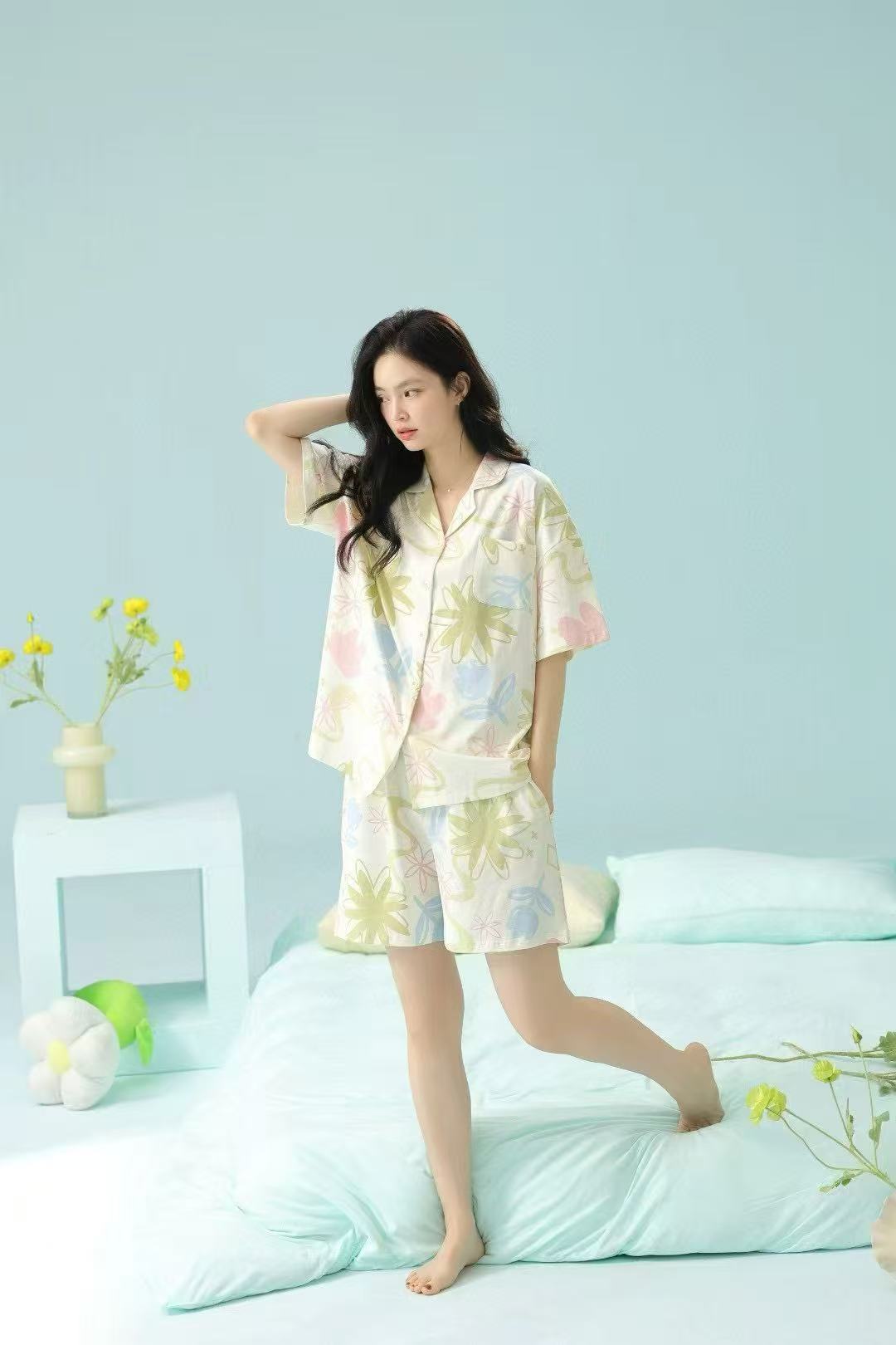 夏季短裤短袖薄款睡衣家居服套装上衣春夏流浪丹宁风3338