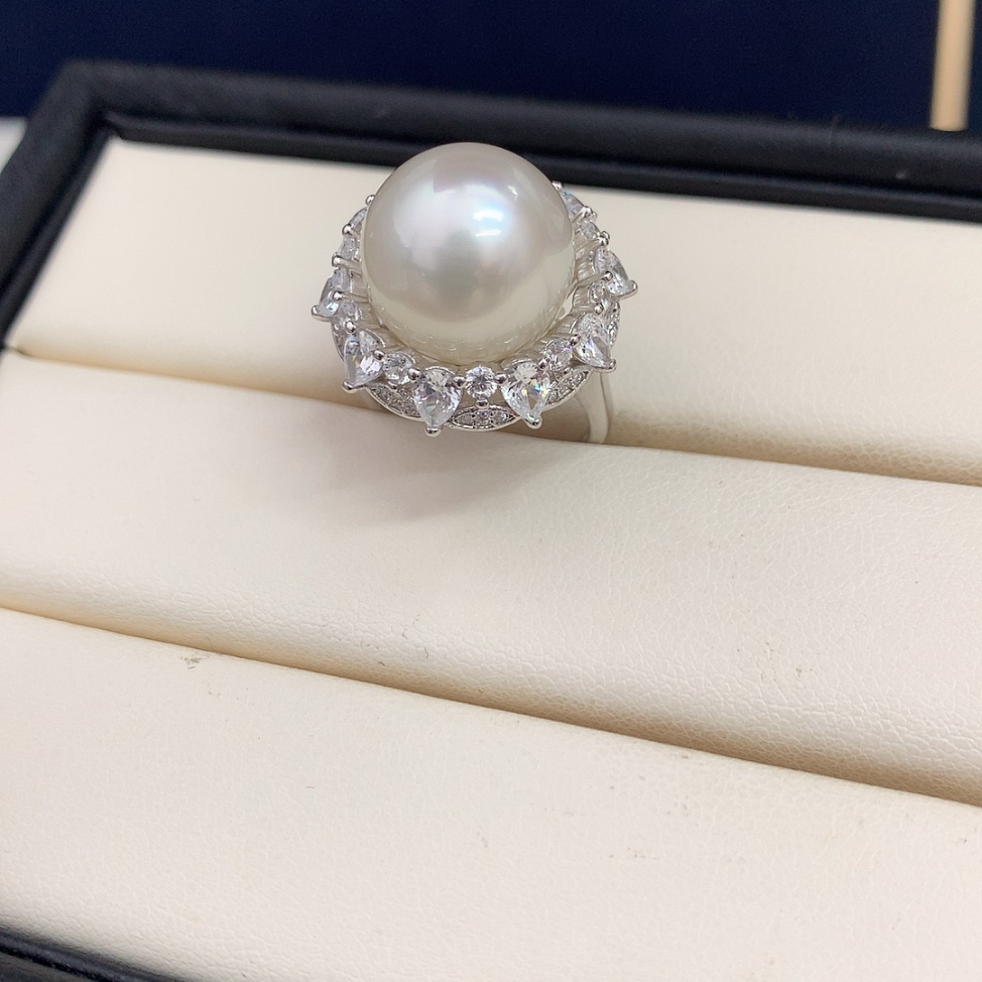 戒指银S925镶嵌海水珍珠13-14mm澳白戒指