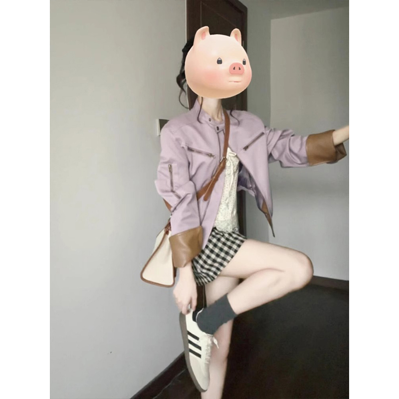 韩系气质紫色短款pu皮衣外套女春秋季新款高级感小香风机车服夹克