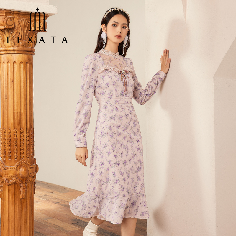【达人专属】FEXATA斐格思油画感玫瑰印花荷叶边连衣裙