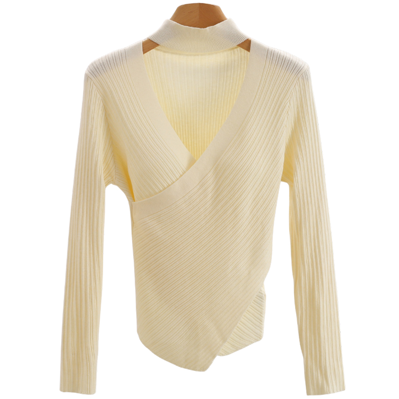 F8058-【左】交叉设计挂脖镂空低领打底针织衫#WZE58M014