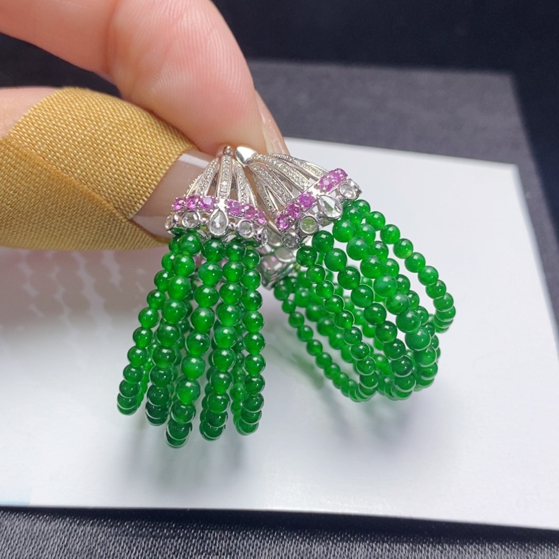 翡翠耳饰18K金镶嵌小米珠