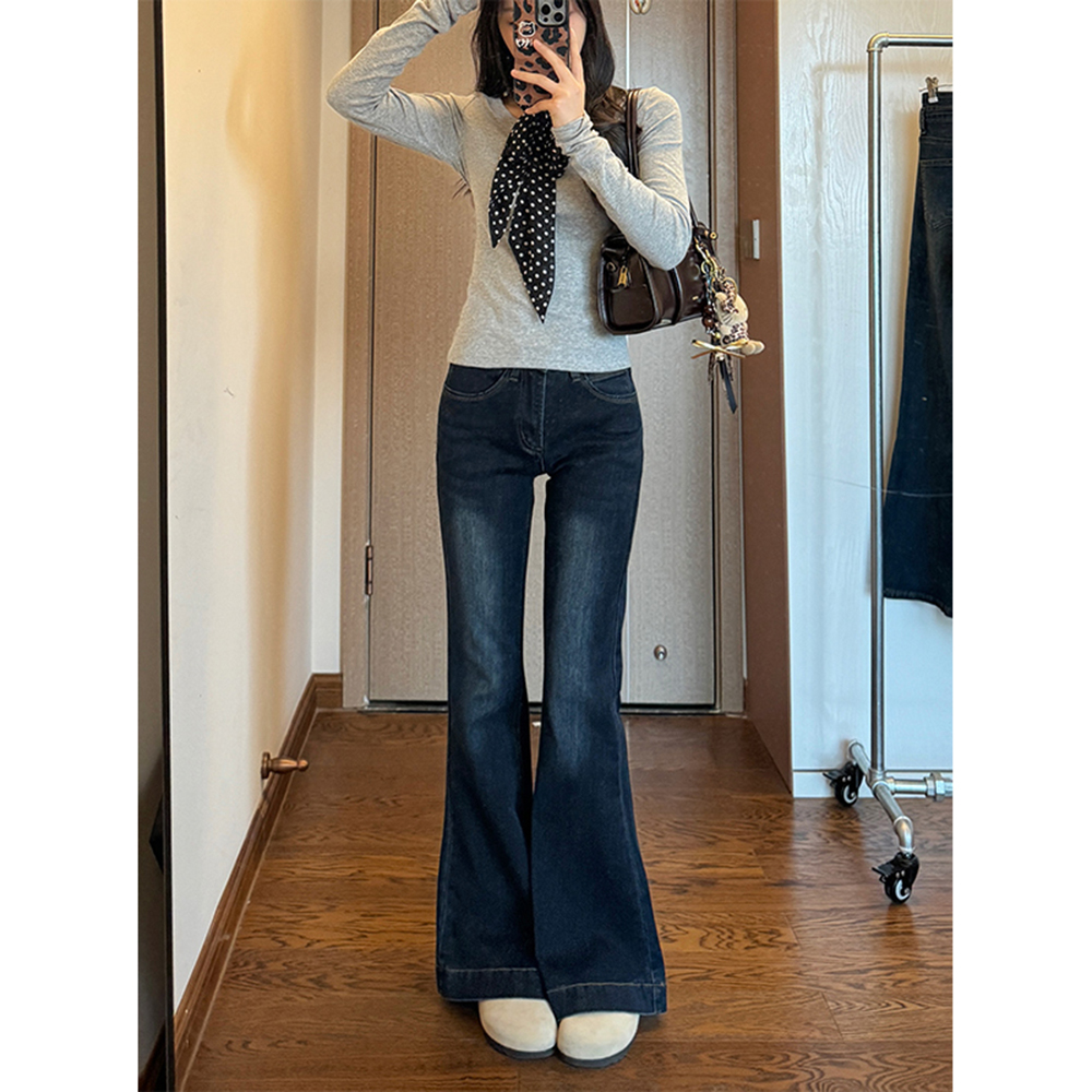 蓝灰色微喇叭牛仔裤女秋季新款复古高腰修身显瘦百搭直筒拖地裤子