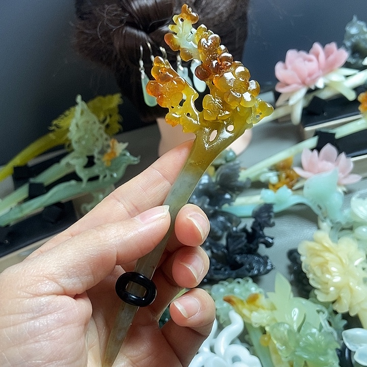 屹***桐蛇纹石玉合金发饰发簪