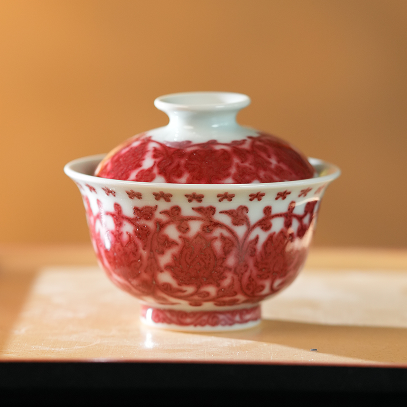 瓷语慕古釉里红缠枝莲内花心小盖碗