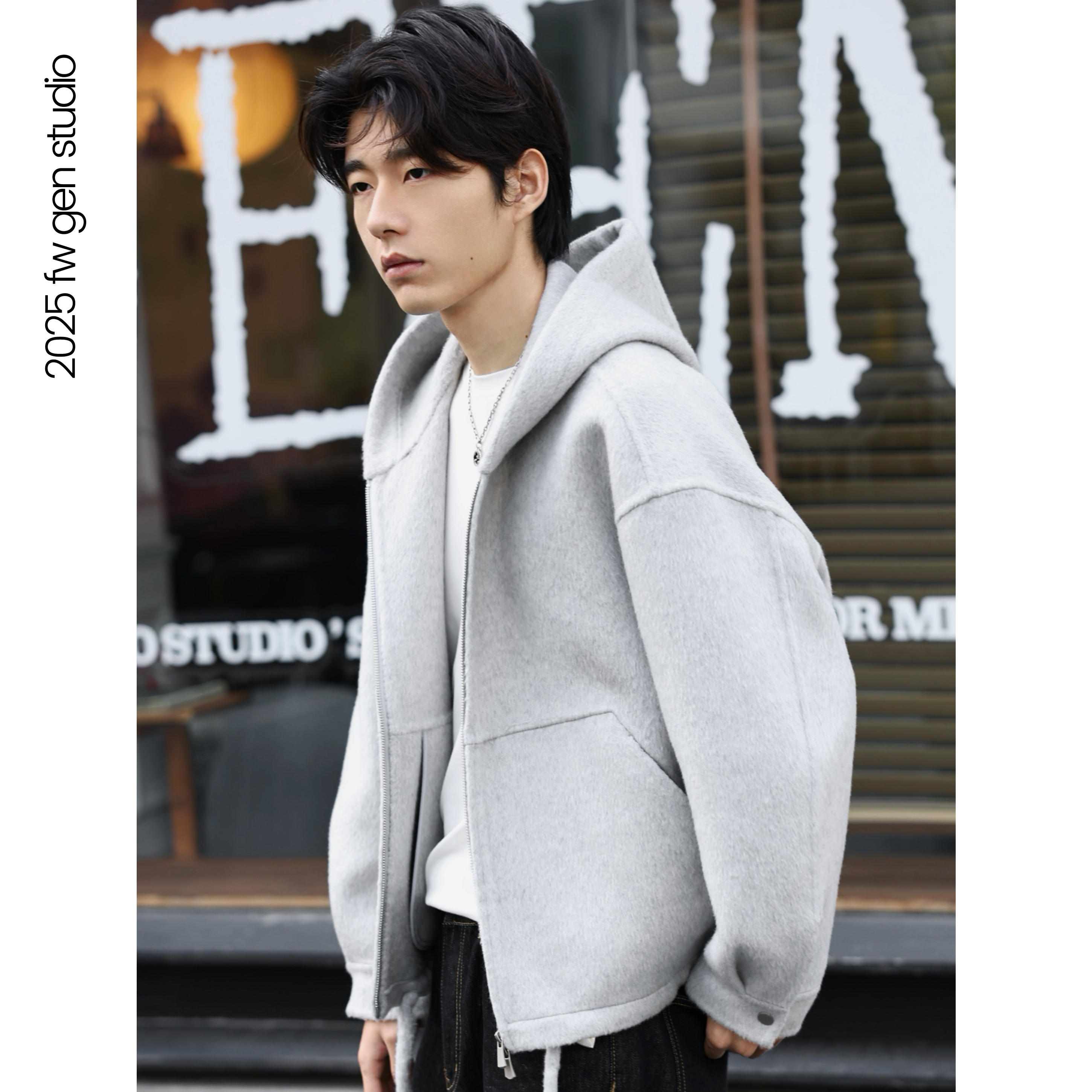 慵懒风男士痞帅绵羊毛混纺高级感连帽双面毛呢男士毛呢外套N95087