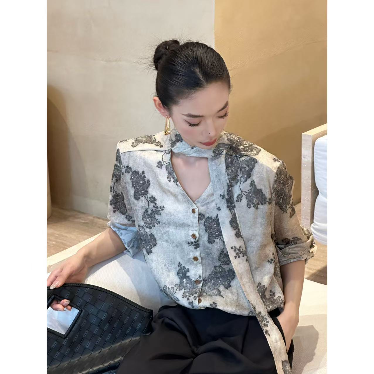 FIINAL《云径夏》禅意风国风龟裂纹印花衬衫