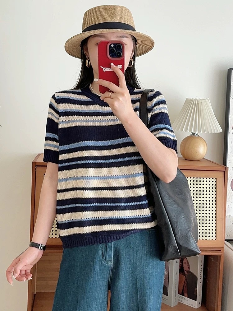 【藏青条纹圆领短袖】 高级气质针织衫短袖女