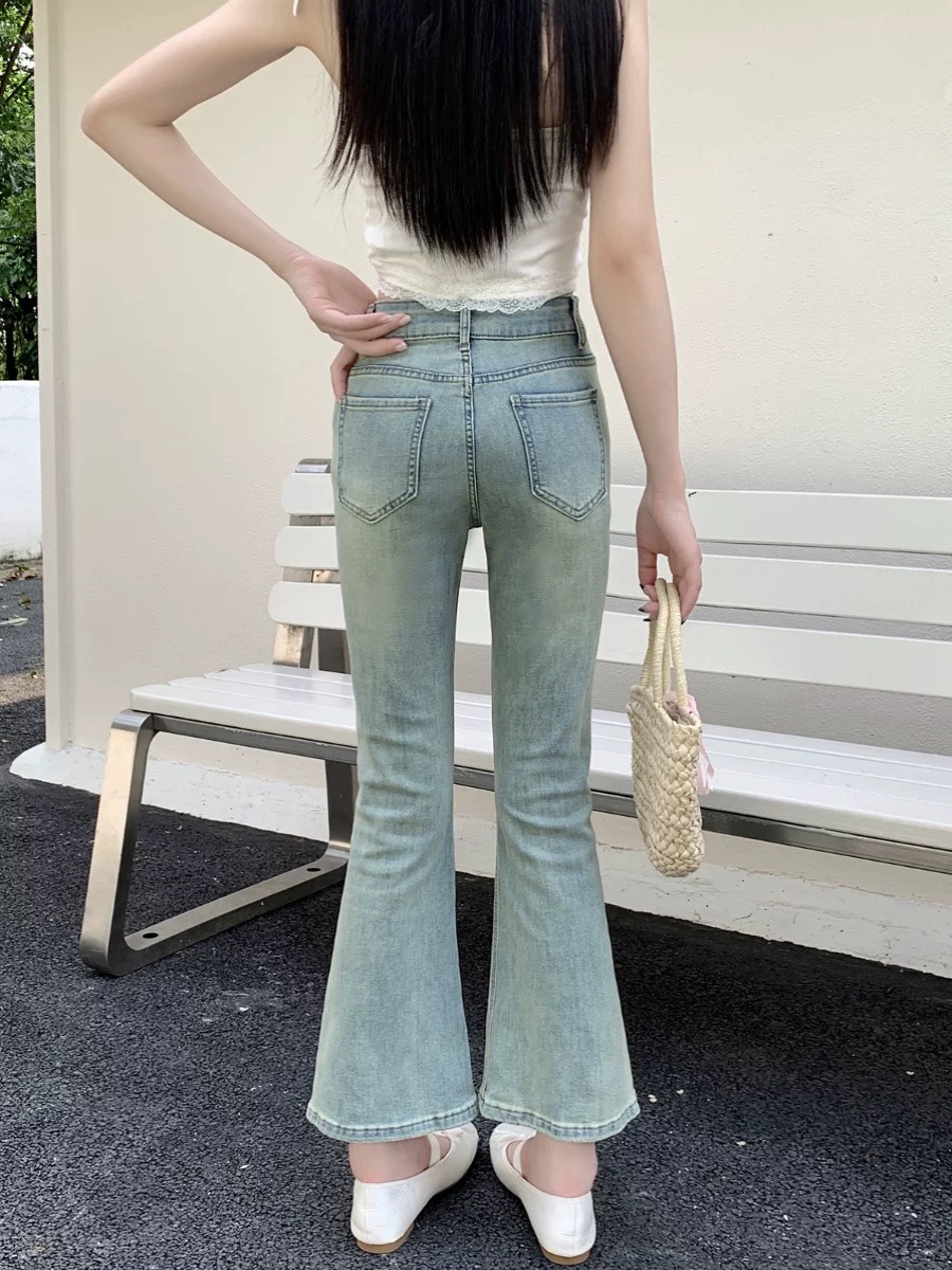 美式复古小个子高腰弹力微喇牛仔裤女修身显瘦九分裤