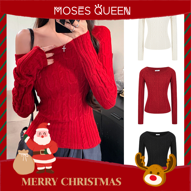 MosesQueen/魔西女王圣诞红麻花斜肩针织衫修身显瘦辣妹长袖T恤女