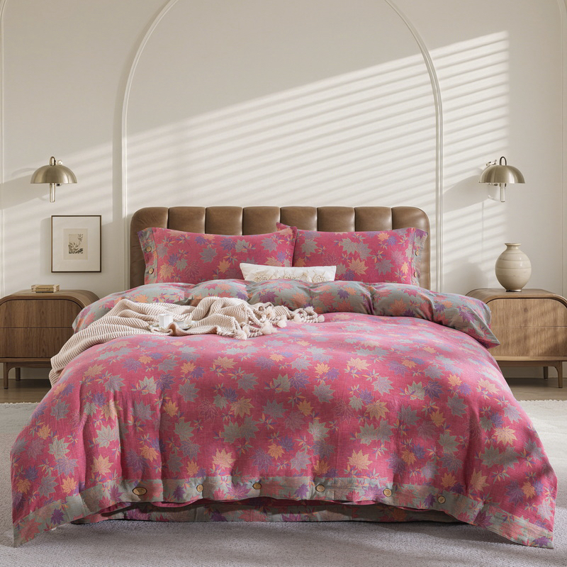 【全棉双层纱四件套】枫叶高端床品纯棉A类母婴级床上用品床单加厚