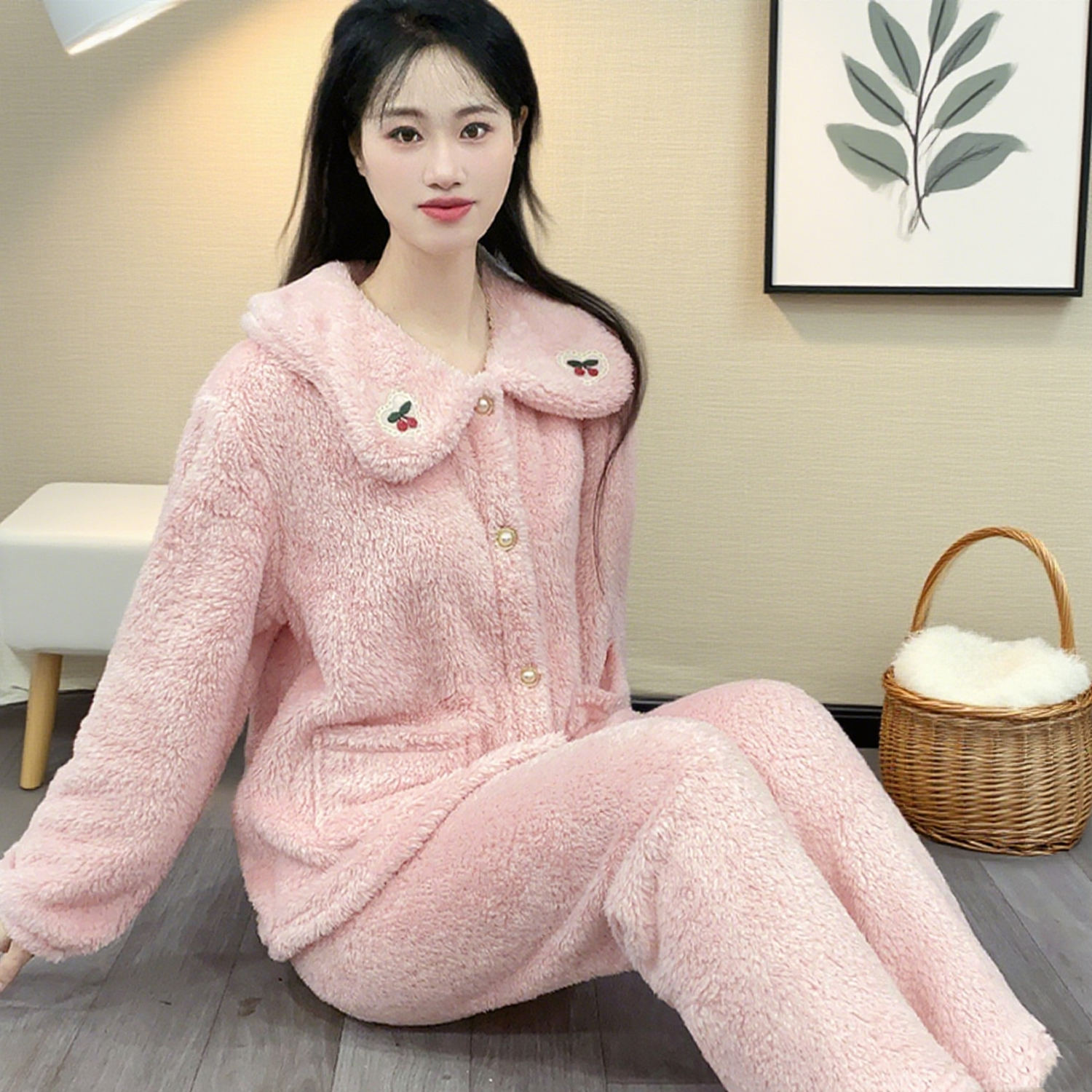 冬款毛绒保暖睡衣法兰绒甜美可爱大码女士家居服加绒加厚套装Y139