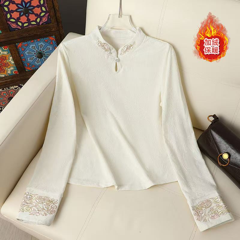11844-秋冬新款新中式长袖女半高领加绒加厚保暖打底衫