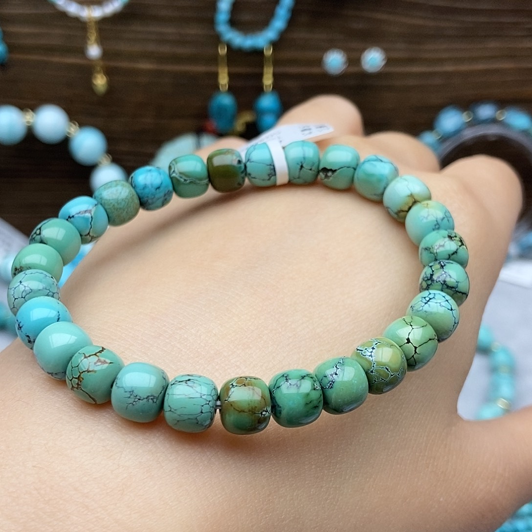 绿松石未镶嵌精品 春带彩老型手串7.5mm