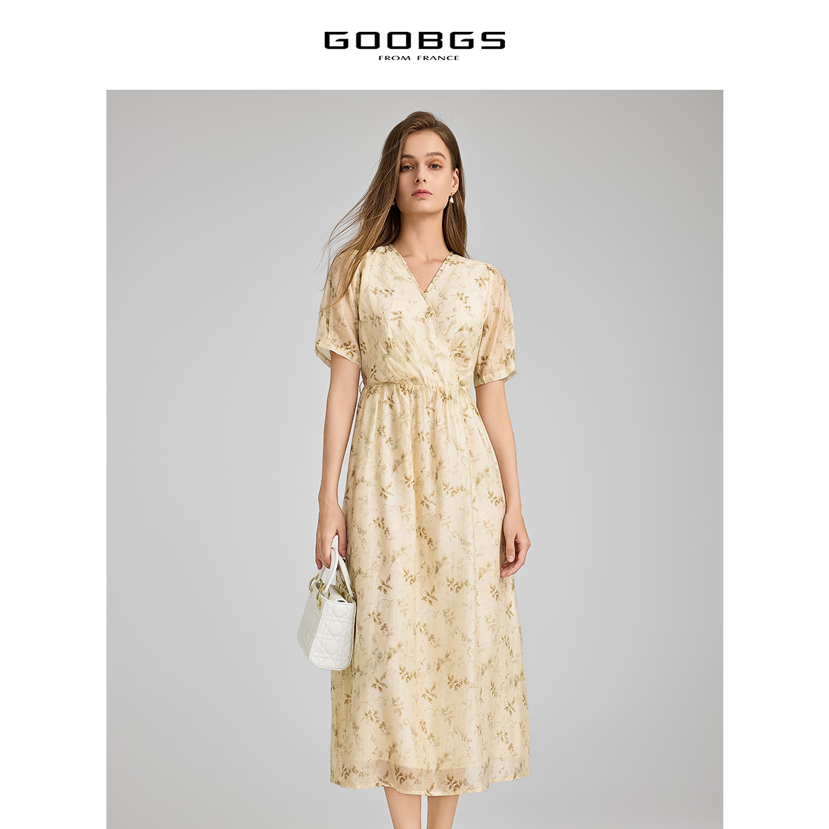 谷邦印花短袖连衣裙女2024夏季新款莱赛尔收腰显瘦中长款茶歇裙