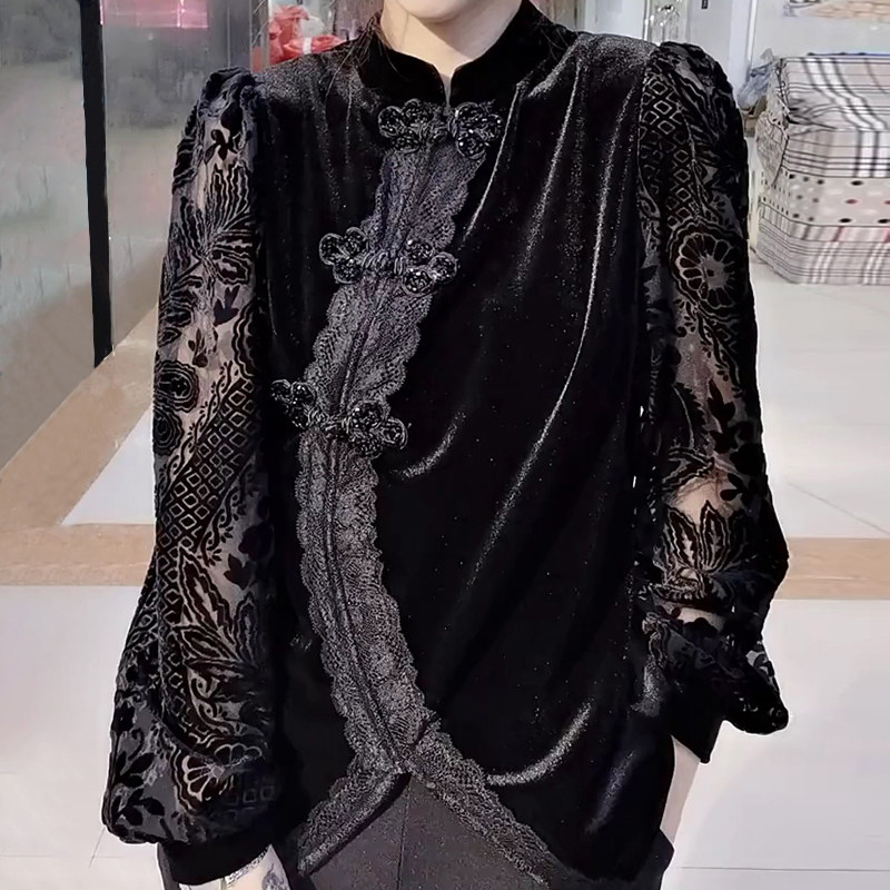 欧洲站中国风金丝绒复古盘扣上衣不规则下摆百搭女装蕾丝袖边衬衫
