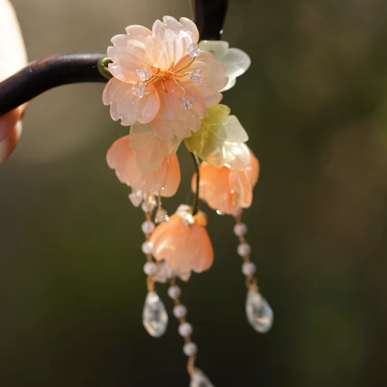 海棠木簪盘发丸子头发簪新中式流苏步摇气质甜美超仙簪子