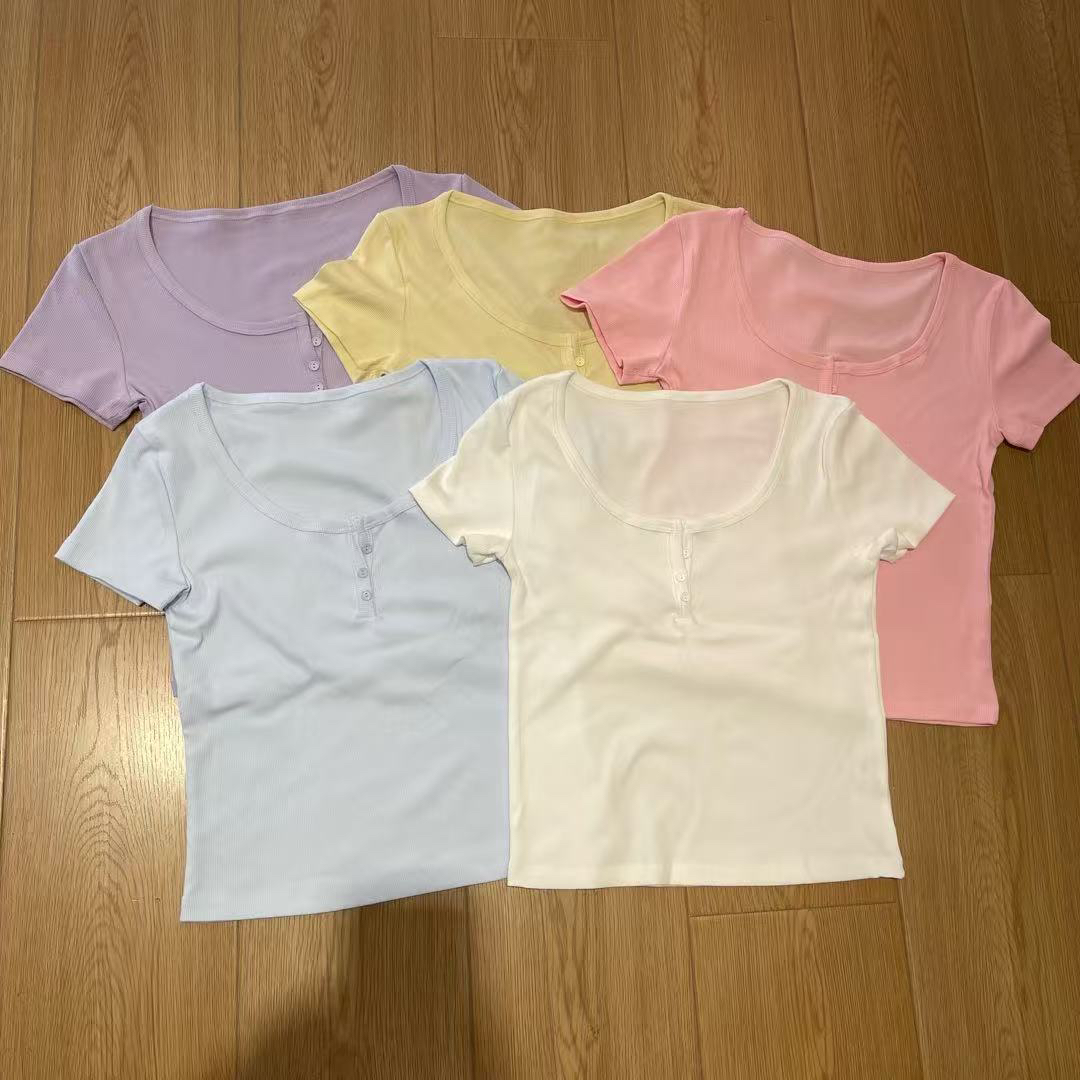 【纽扣纯欲】纯欲风经典圆领扭扣短袖打底衫罗纹修身弹力休闲百搭