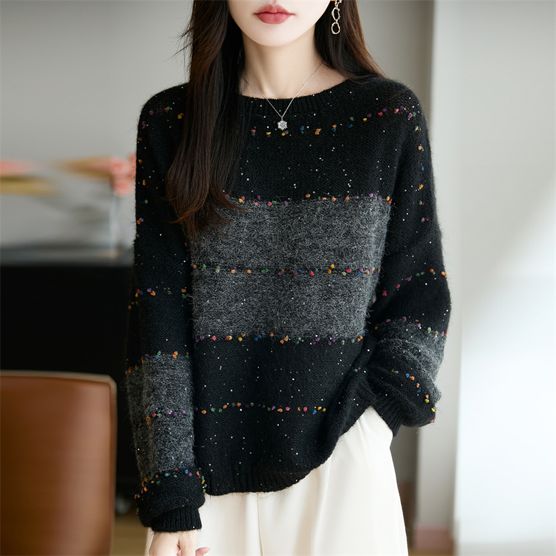 哥弟阿玛施正品秋冬新款亮片拼色针织衫女时尚洋气宽松慵懒风上衣