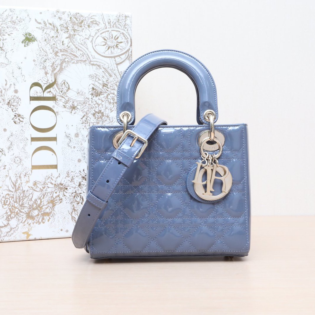 95新 DIOR/迪奥  戴妃单肩包 四格 蓝色漆皮 金扣 2019P205117145