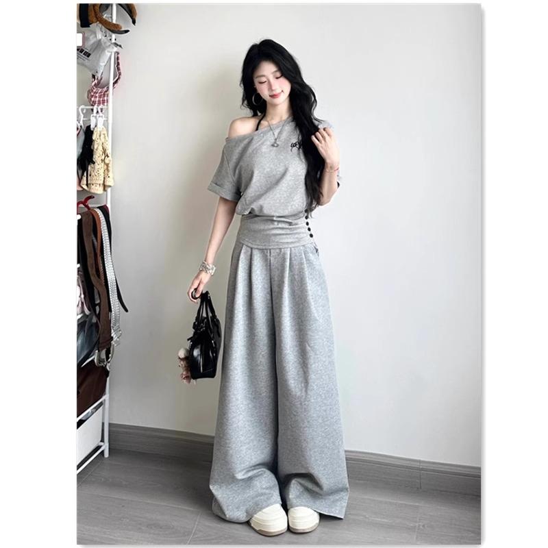 2025新款休闲运动套装女夏慵懒时尚斜肩短袖t恤阔腿长裤两件套